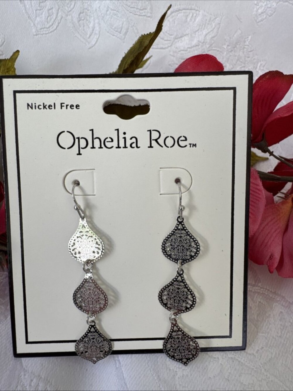 Ophelia Roe Filigree SIlvertone Tiered Drop Hoop 2.25" Earrings Nickel Free NEW